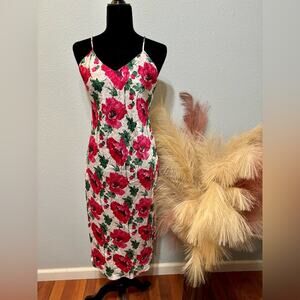 Vintage 80s 90s Lingerie Satin Slip Dress White w/ Large Pink Floral Print S